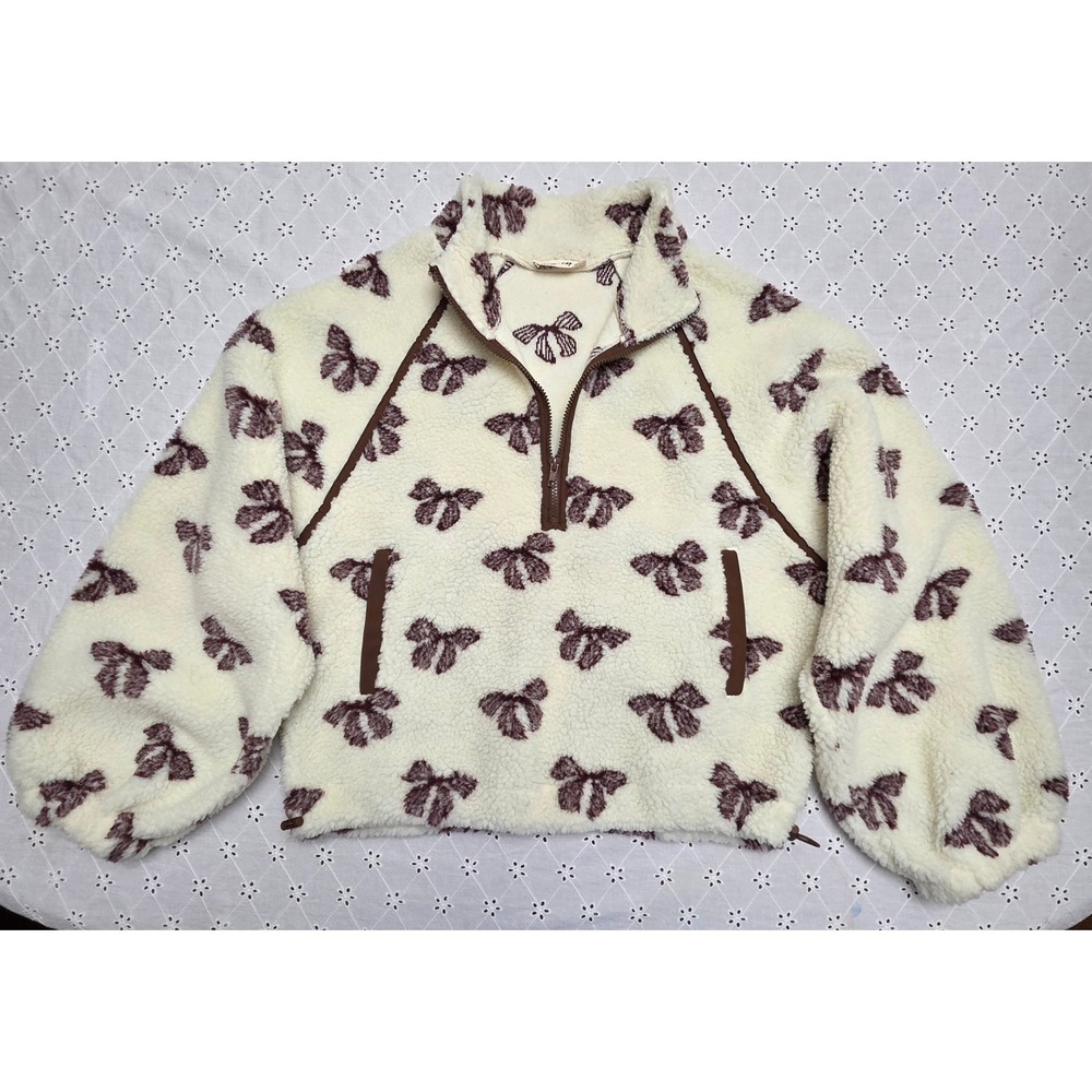 New In Women Medium Bow Print Quarter Zip Fleece Sherpa Pullover Cream brown